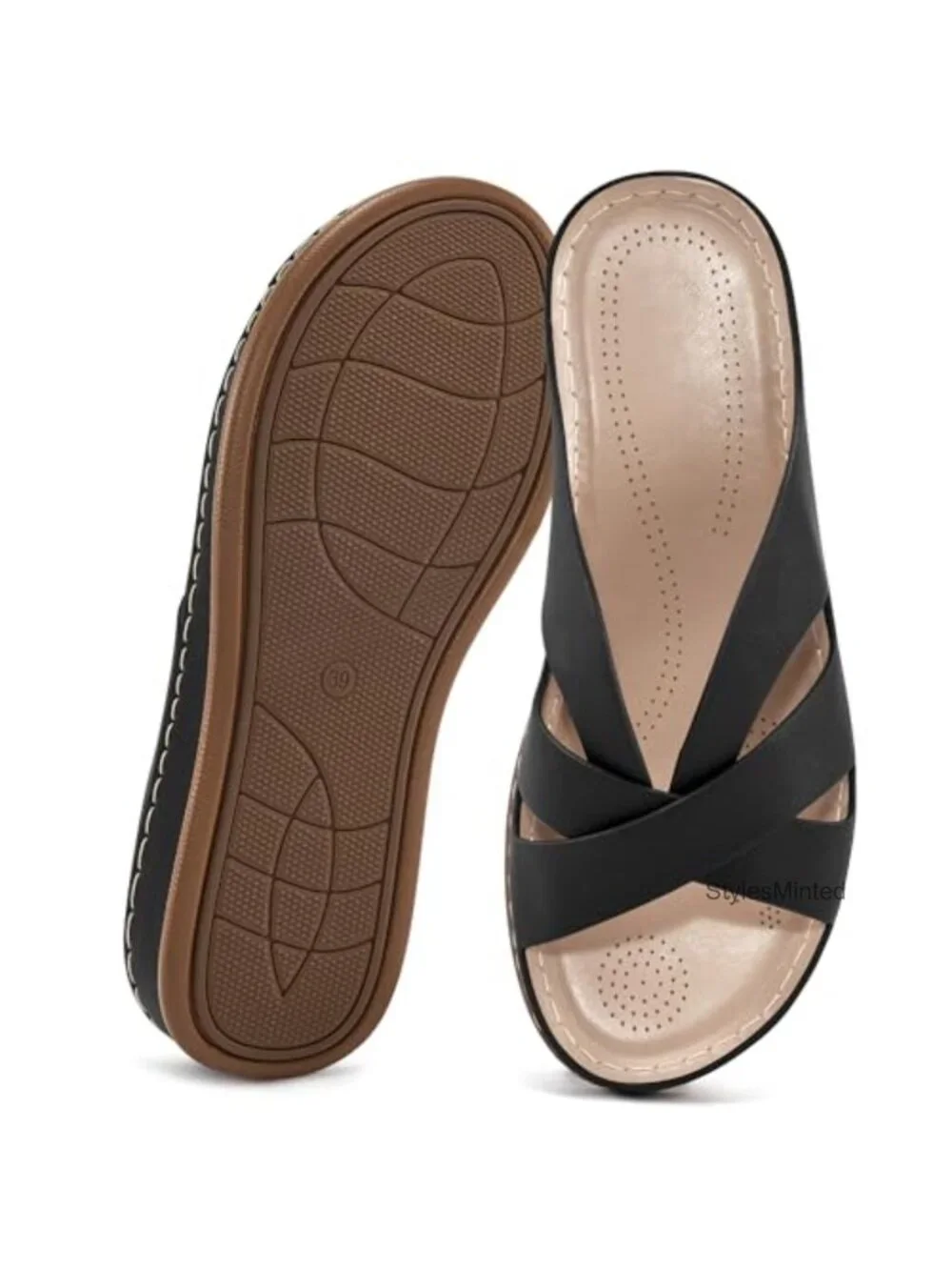 Women's Faux Leather Wedge Sandals with Memory Foam Insole, Slip-On Platform